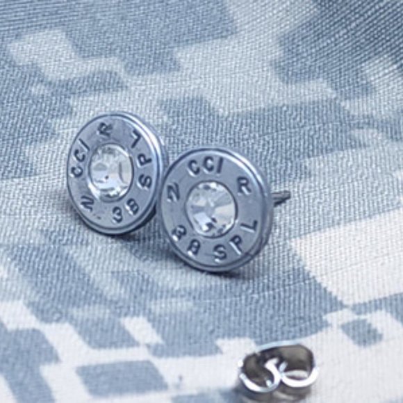 38 Special Caliber Silver Bullet Casings Clear Crystal Surgical Stud Earrings - Picture 3 of 4